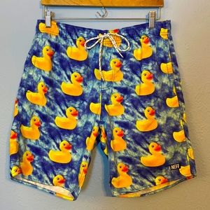 Neff Mens Size Medium Swim Suit Trunks Shorts Rubber Duck Print Yellow Blue